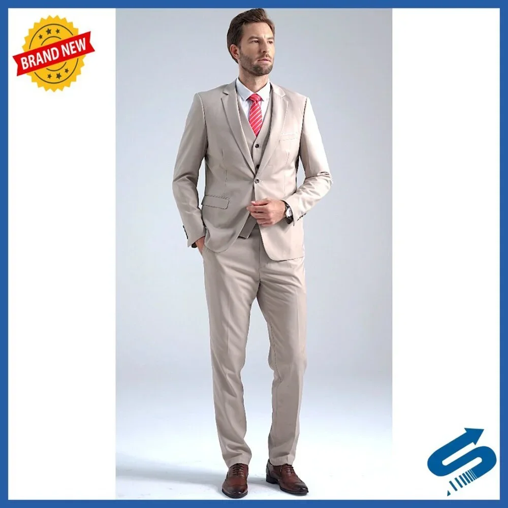Slim Fit 3-Piece Suit with Tie, Blazer Vest Pants, Business Wedding